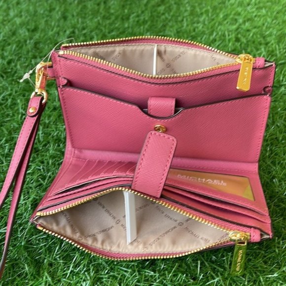 Michael Kors Jet Set Travel Large Double Zip Wristlet Wallet Rosewood Leather - Picture 11 of 16